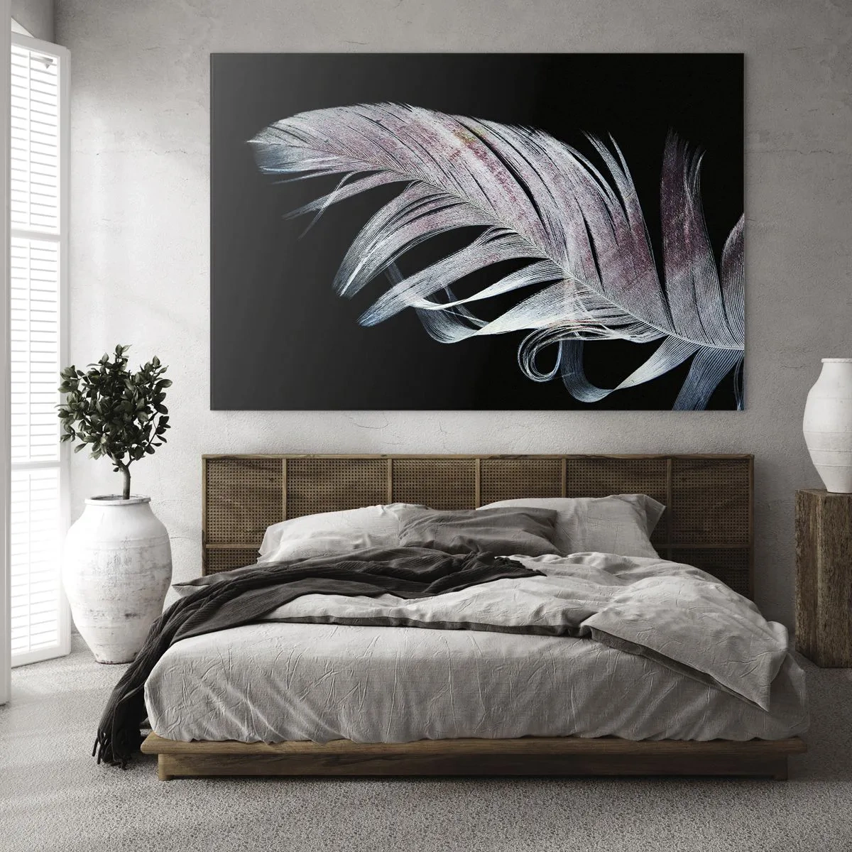 Obraz na skle - Jemné pírko na černém pozadí v uměleckém pojetí - 70x50cm - Přemýšlejte o dotyku - Moderní nástěnná dekorace do obývacího pokoje a ložnice ARTTOR