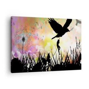 Obraz na plátně - Silueta přírody s ptákem a pampeliškou - 70x50cm - V pohádkové atmosféře - Moderní nástěnná dekorace do obývacího pokoje a ložnice ARTTOR
