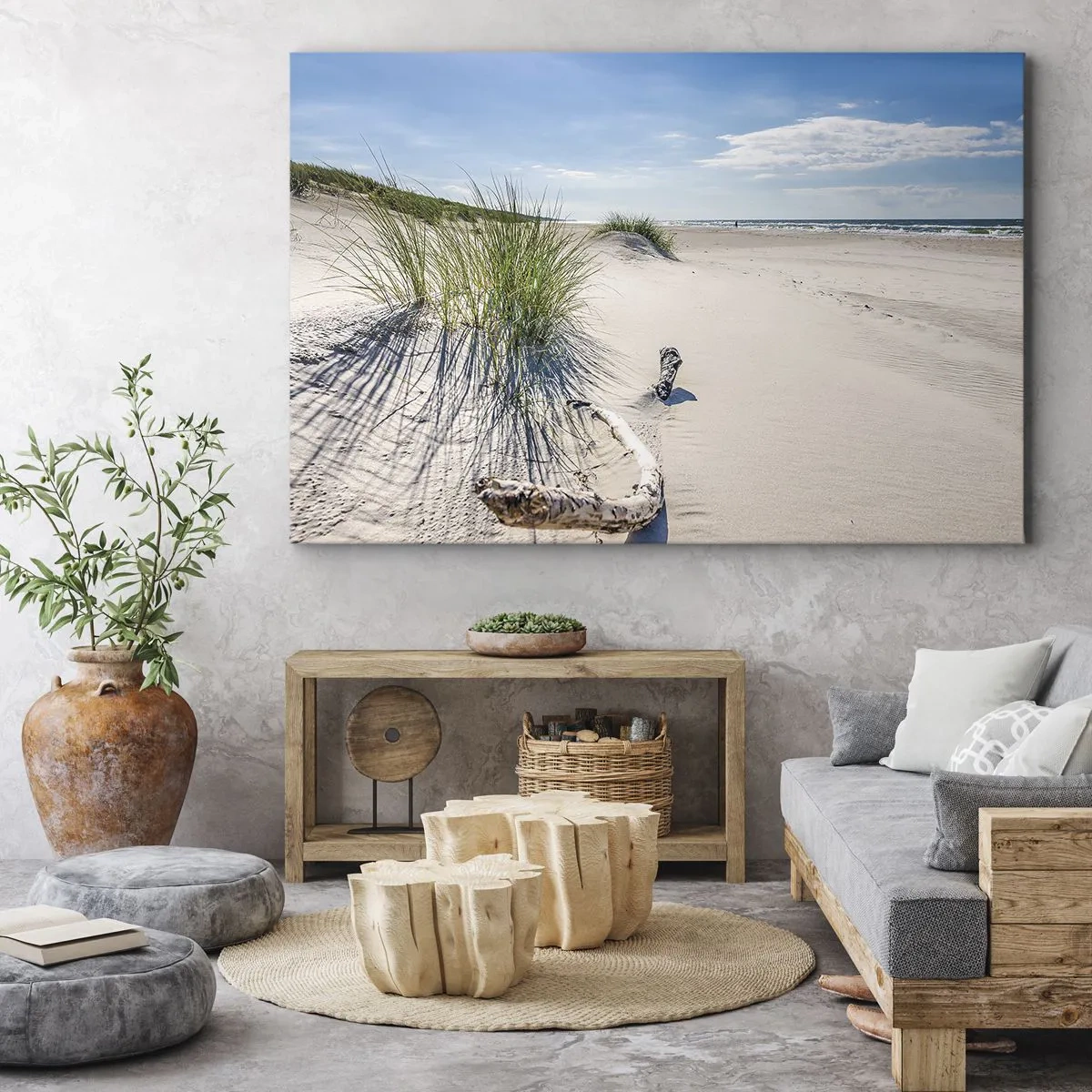 Obraz na plátně - Baltská pláž s pískem, trávou a klidnou modrou oblohou - 70x50cm - Nejkrásnější? Baltská - Moderní nástěnná dekorace do obývacího pokoje a ložnice ARTTOR