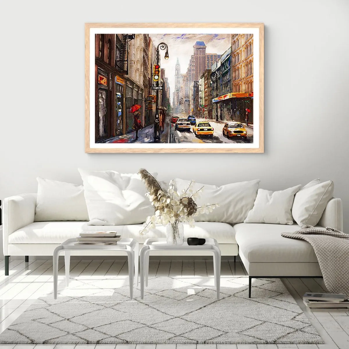 Plakát v rámu světlý dub - New York – barevný i v dešti - 70x50 cm