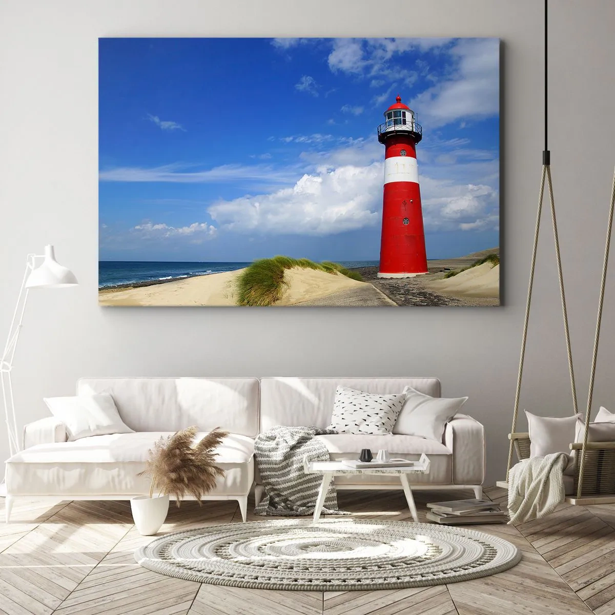 Obraz na plátně - Červený maják na pláži pod modrou oblohou - 70x50cm - Vysněná samota - Moderní nástěnná dekorace do obývacího pokoje a ložnice ARTTOR