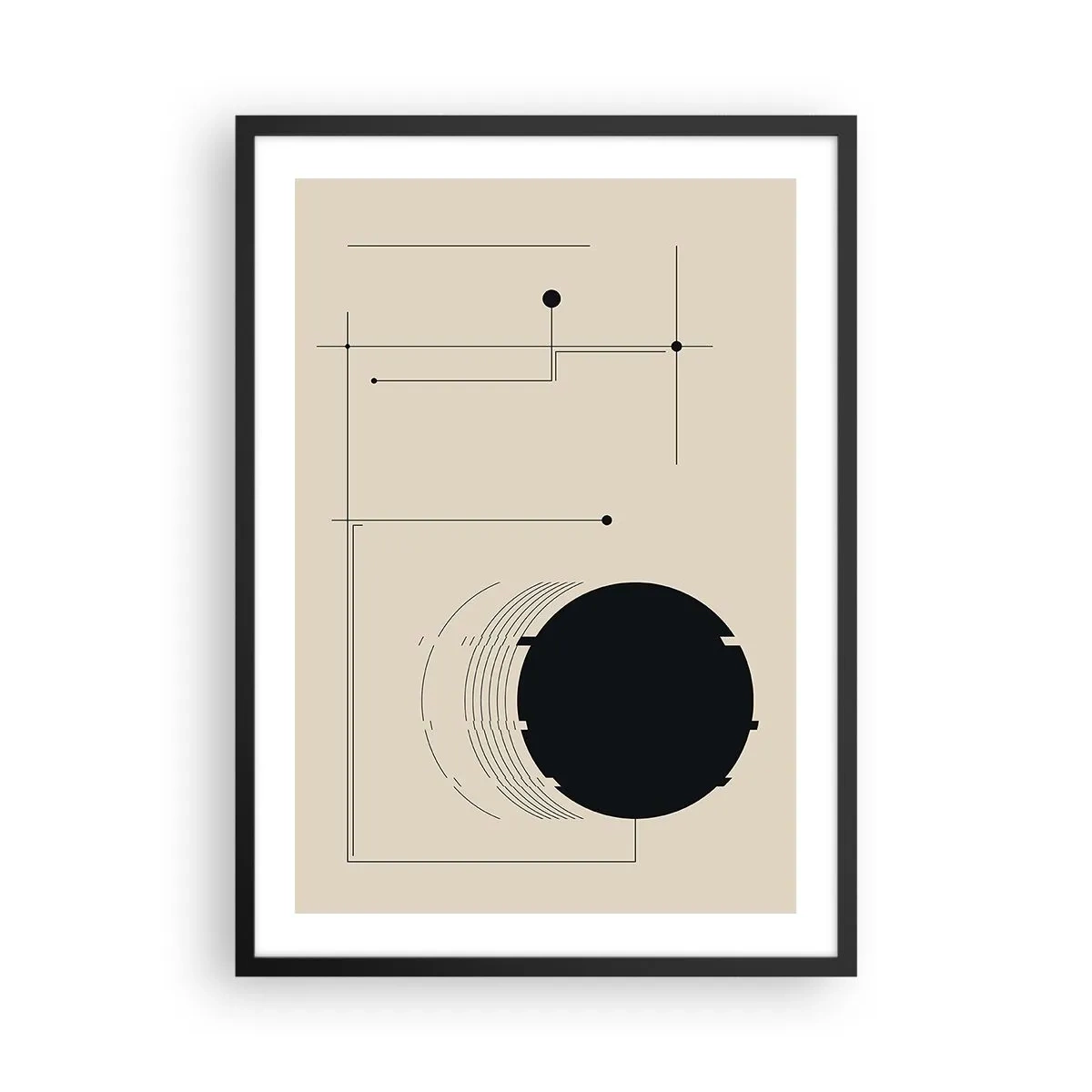 Plakát v černém rámu - Minimalistická geometrická kompozice na béžovém pozadí - 50x70cm - Pružná a dynamická kompozice - Moderní nástěnná dekorace do obývacího pokoje a ložnice ARTTOR
