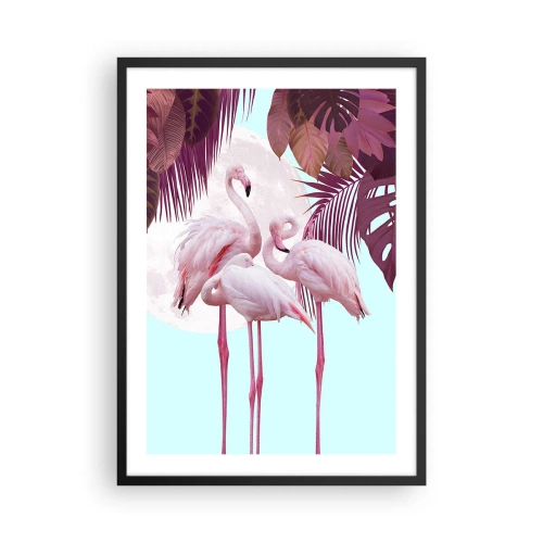 Plakát v černém rámu - Plameňáci na pozadí tropické vegetace a úplňku - 50x70cm - Tři ptačí grácie - Moderní nástěnná dekorace do obývacího pokoje a ložnice ARTTOR