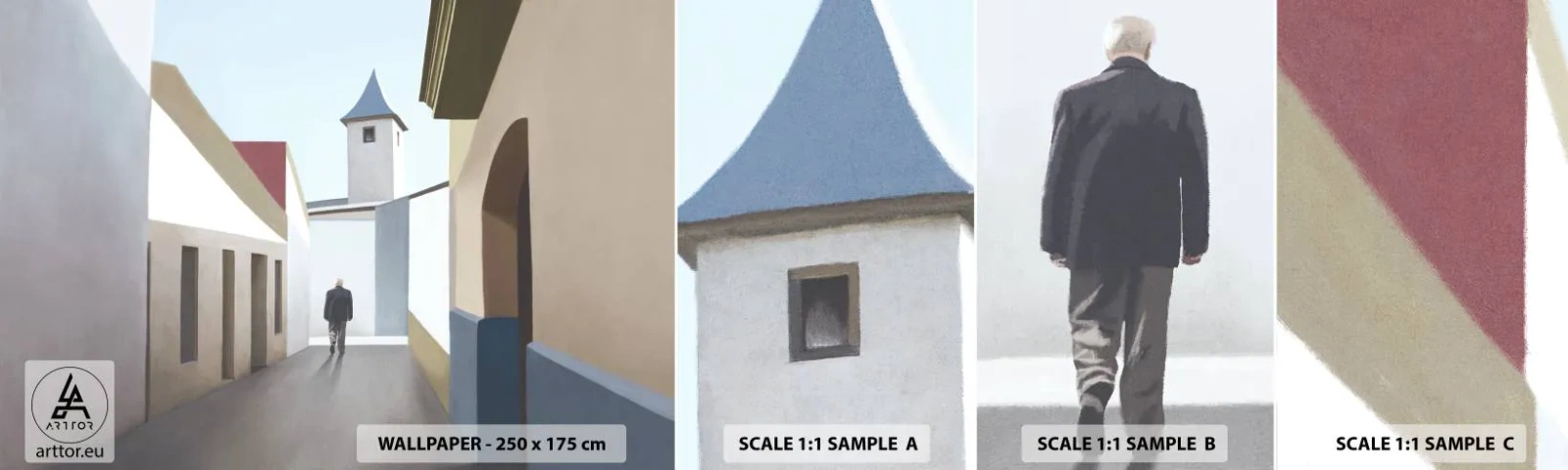 Vzor Fototapety Samolepicí Deluxe Sticker - Slunečná procházka - Pastel, Budovy, Architektura - 100x30 cm