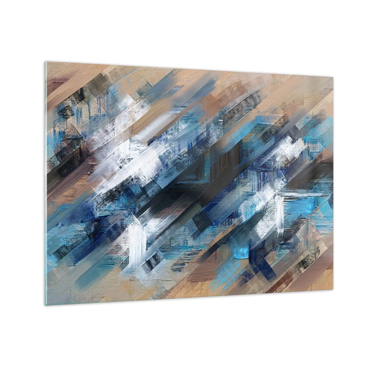 Obraz na skle - Abstraktní diagonální pruhy v odstínech modré, bílé a béžové - 70x50cm - Na modrém úkosu - Moderní nástěnná dekorace do obývacího pokoje a ložnice ARTTOR