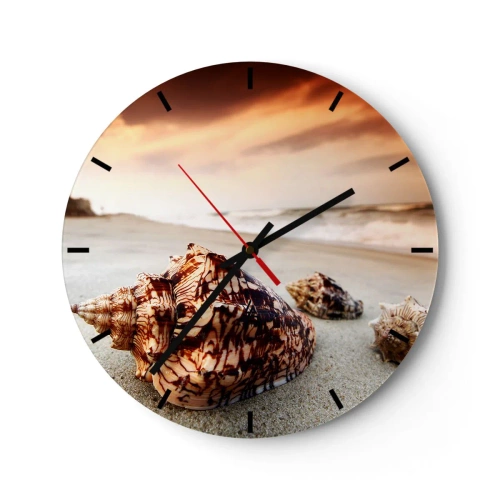 Nástěnné hodiny - Mušle na pláži v paprscích zapadajícího slunce - 30x30cm - Vyvrženci vln - Moderní nástěnná dekorace do obývacího pokoje, kuchyně a ložnice ARTTOR