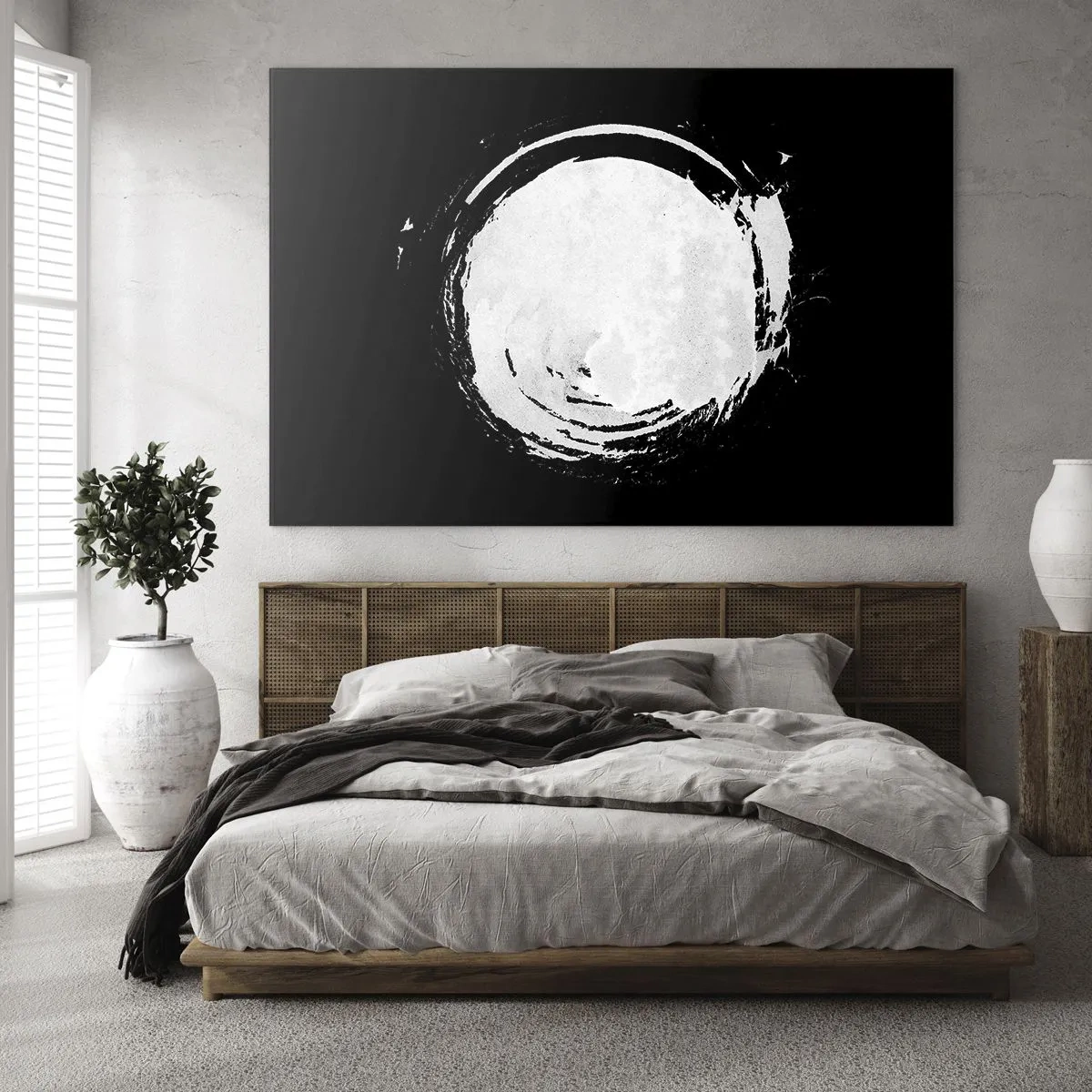 Obraz na skle - Bílý abstraktní kruh na černém pozadí - 70x50cm - Správné řešení - Moderní nástěnná dekorace do obývacího pokoje a ložnice ARTTOR
