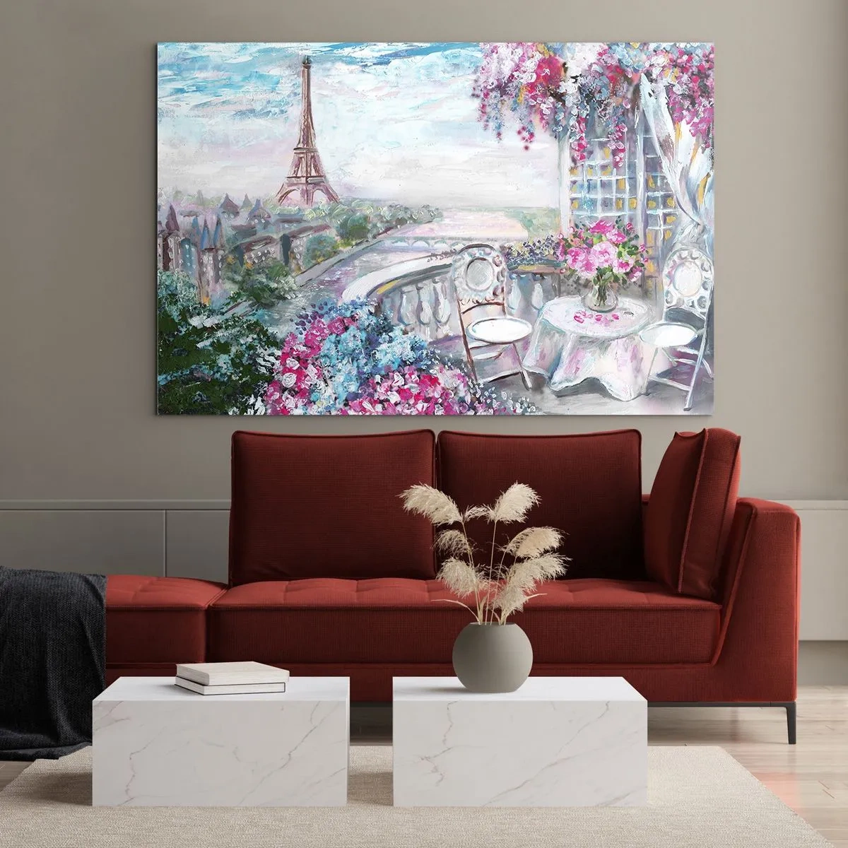 Obraz na skle - Ilustrace pohledu na Eiffelovu věž s balkonem plným květin - 70x50cm - Nejkrásněji je tu v květnu - Moderní nástěnná dekorace do obývacího pokoje a ložnice ARTTOR
