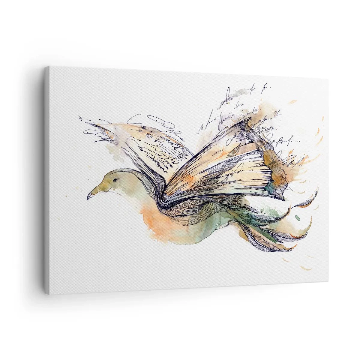 Obraz na plátně - Umělecká akvarelová malba ptáka s knihou jako křídly - 70x50cm - Na křídlech poezie - Moderní nástěnná dekorace do obývacího pokoje a ložnice ARTTOR