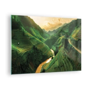 Obraz na skle - Malebné rýžové terasy v údolí při západu slunce - 70x50cm - Vietnamské údolí - Moderní nástěnná dekorace do obývacího pokoje a ložnice ARTTOR
