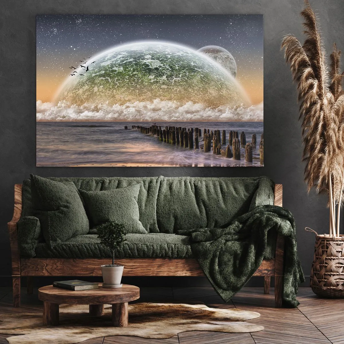 Obraz na plátně - Fantastická krajina s velkou planetou nad mořem a dřevěným molem. - 70x50cm - A svět se vynořil z vody - Moderní nástěnná dekorace do obývacího pokoje a ložnice ARTTOR