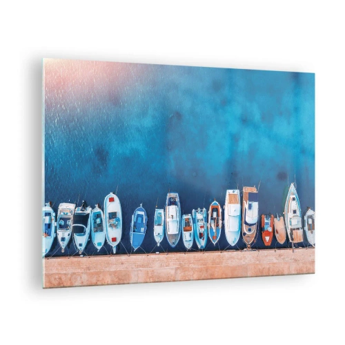 Obraz na skle - Lodě kotvící u břehu z ptačí perspektivy - 70x50cm - V řadě za sebou - Moderní nástěnná dekorace do obývacího pokoje a ložnice ARTTOR
