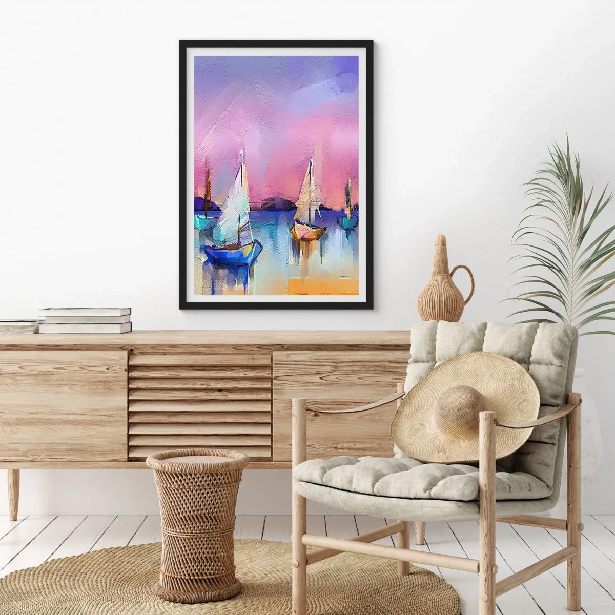 Plakát v černém rámu - Abstraktní plachetnice na barevném pozadí - 50x70cm - Směr: široké vody - Moderní nástěnná dekorace do obývacího pokoje a ložnice ARTTOR