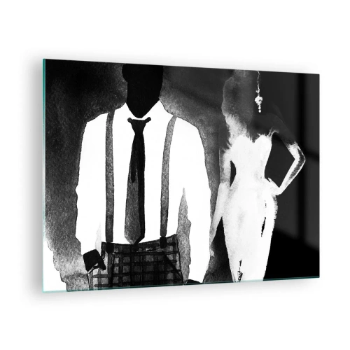 Obraz na skle - Černá a bílá silueta elegantního noir páru - 70x50cm - Ve stylu noir - Moderní nástěnná dekorace do obývacího pokoje a ložnice ARTTOR