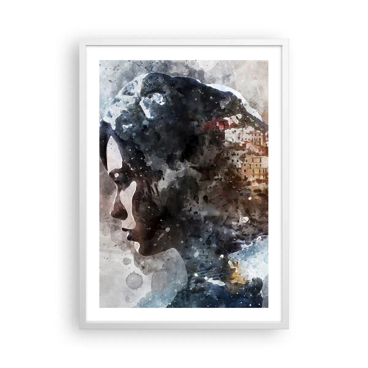 Plakát v bílém rámu - Příběh o dívce s městem v pozadí - 50x70 cm