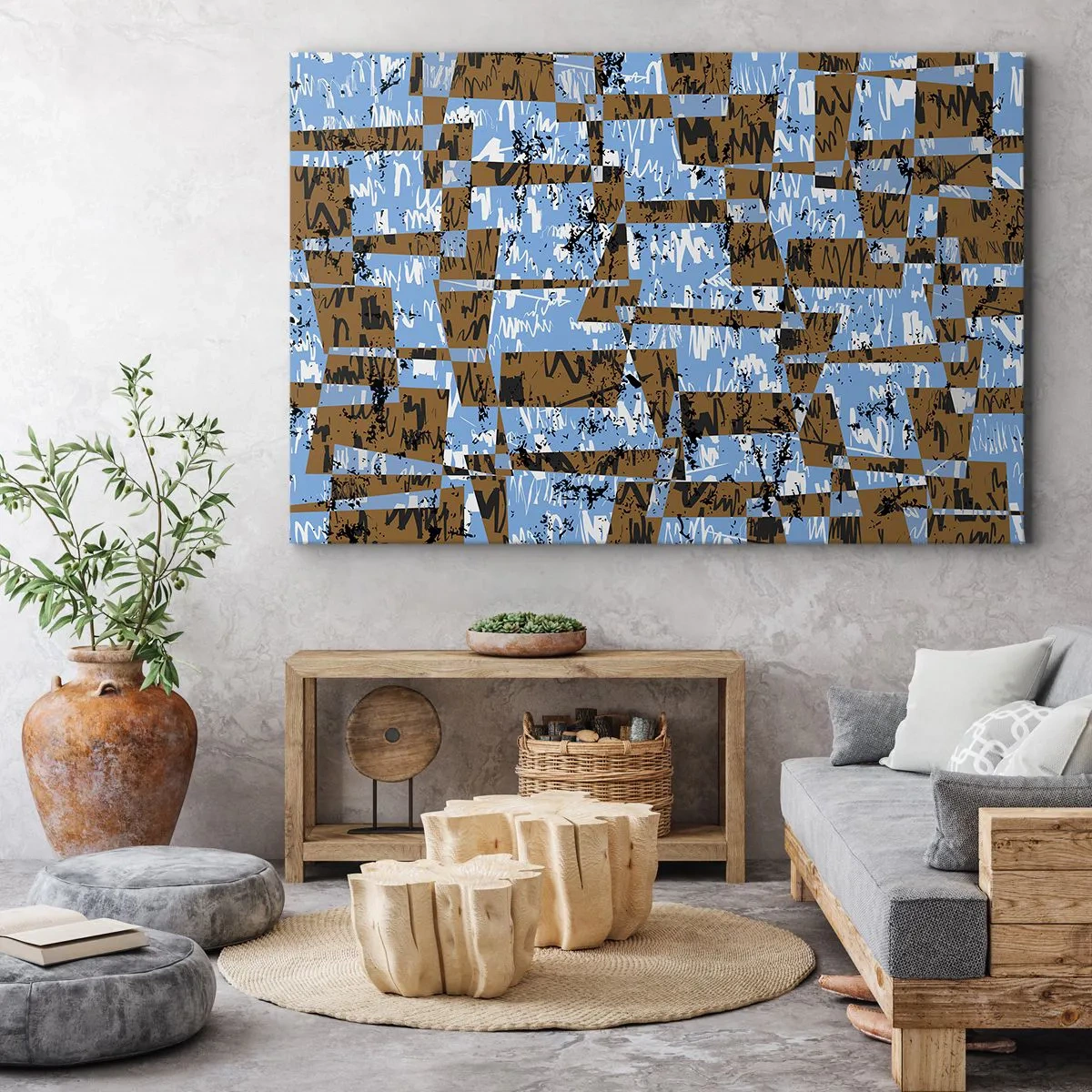 Obraz na plátně - Abstraktní kompozice obdélníků v odstínech hnědé a modré. - 70x50cm - Nelidová vystřihovánka - Moderní nástěnná dekorace do obývacího pokoje a ložnice ARTTOR