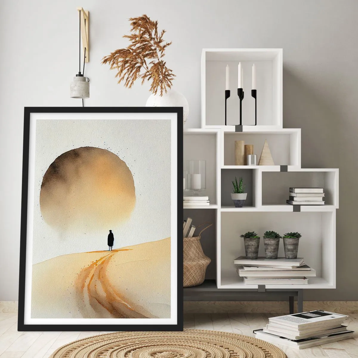 Plakát v černém rámu - Silueta cestovatele na pouštní silnici - 50x70cm - Vždycky touha - Moderní nástěnná dekorace do obývacího pokoje a ložnice ARTTOR