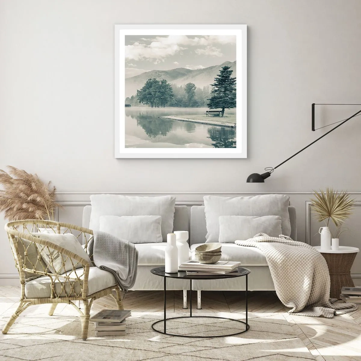 Plakát v bílém rámu - Jezero ještě spí - 50x50 cm