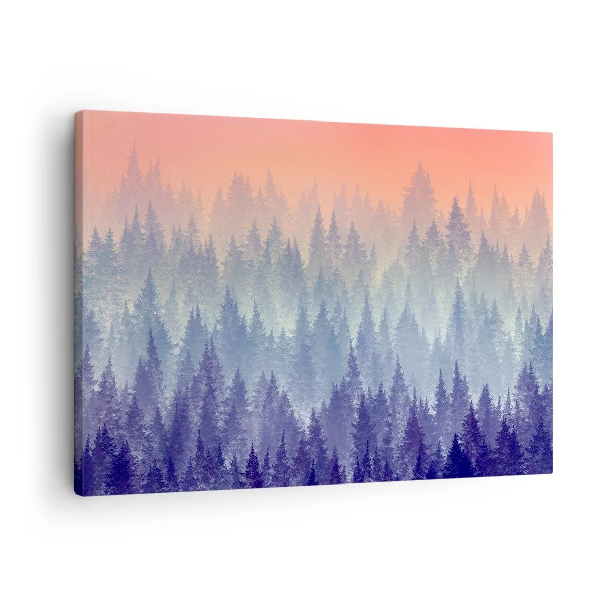 Obraz na plátně - Mlžný les v odstínech fialové a oranžové - 70x50cm - Vysoko, výše, do nebe - Moderní nástěnná dekorace do obývacího pokoje a ložnice ARTTOR