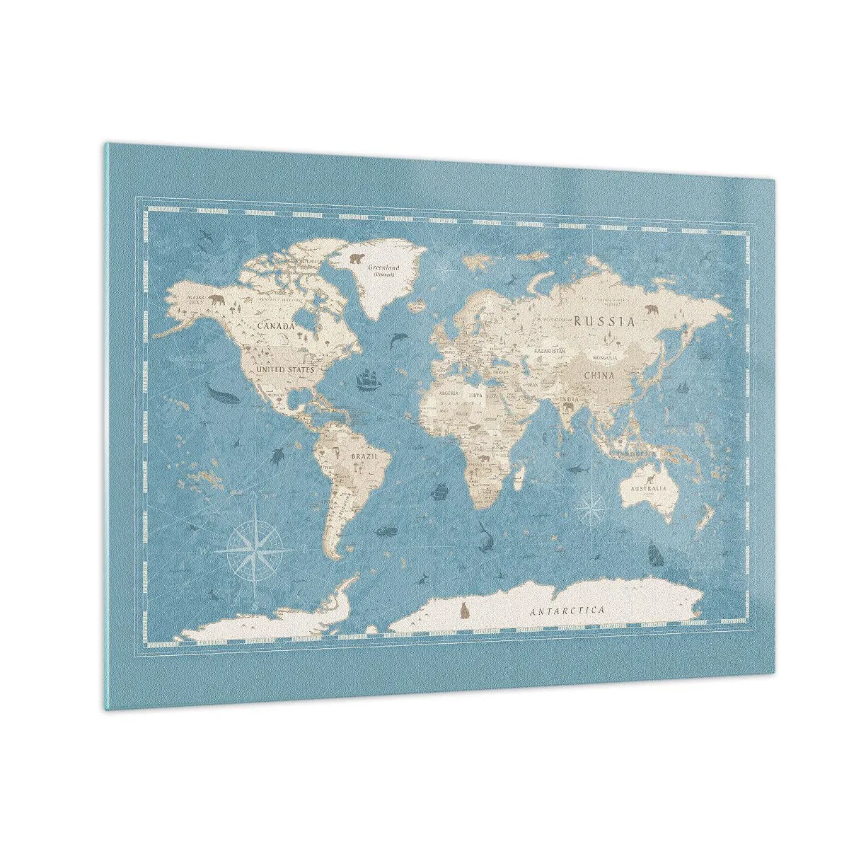 Obraz na skle - Stylizovaná mapa světa na modrém pozadí - 70x50cm - Svět na dosah ruky - Moderní nástěnná dekorace do obývacího pokoje a ložnice ARTTOR