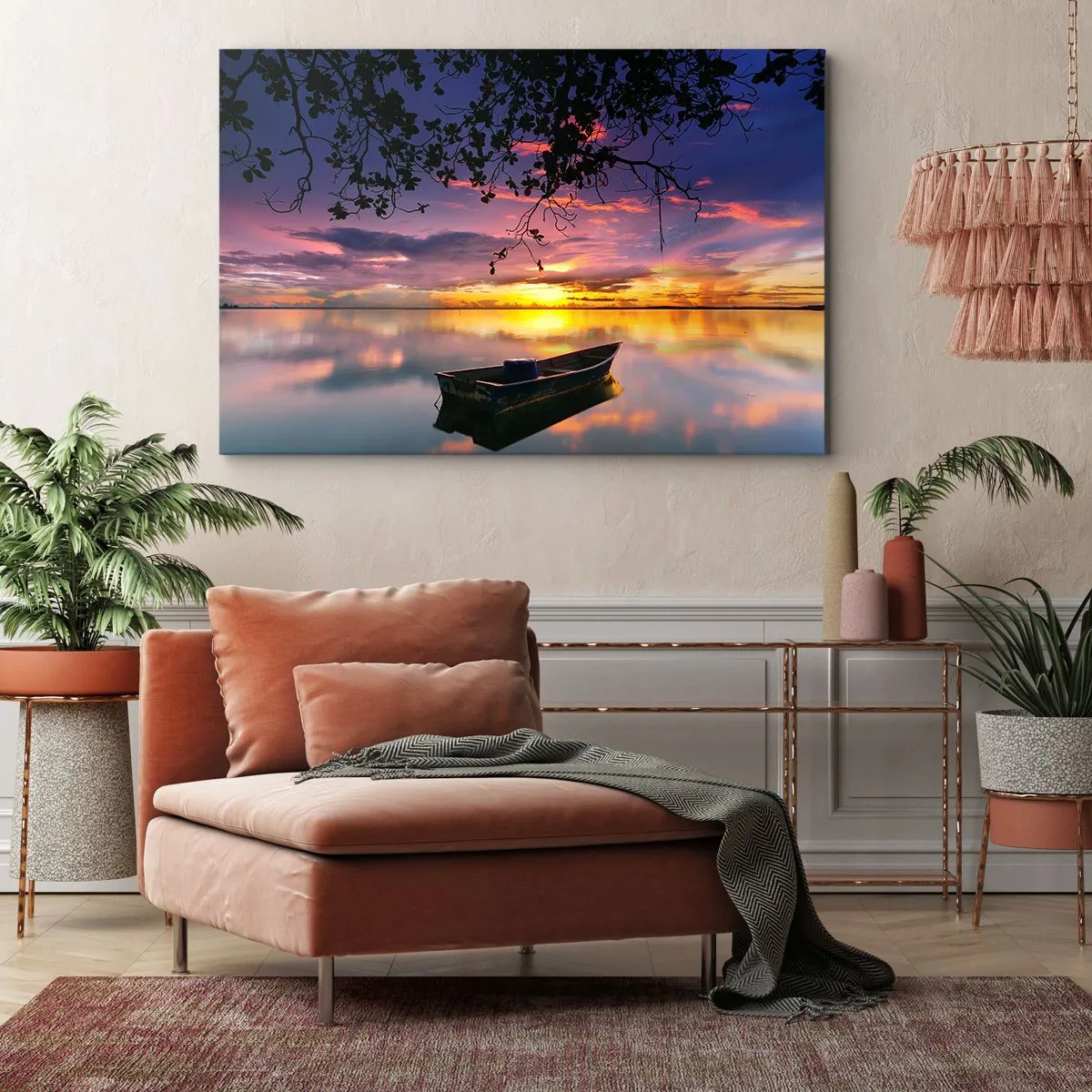 Obraz na plátně - Loď na klidné vodě při západu slunce - 70x50cm - „Zdá se, že visíš uprostřed nebe…“ - Moderní nástěnná dekorace do obývacího pokoje a ložnice ARTTOR
