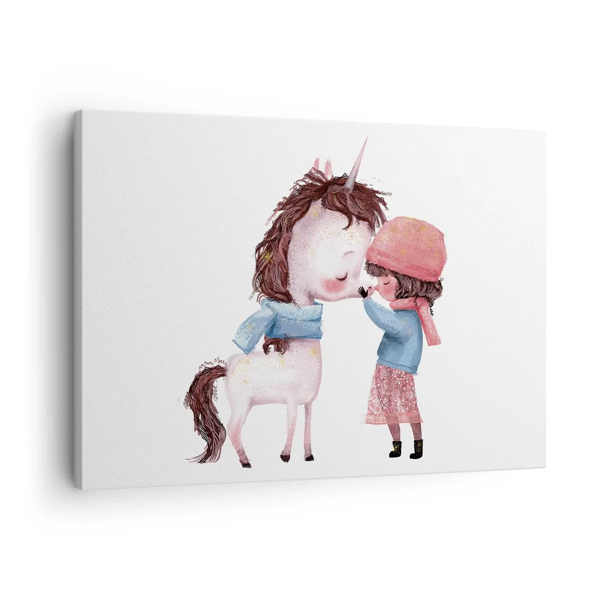 Obraz na plátně - Dívka a jednorožec v zimní krajině - 70x50cm - Zimní příběh - Moderní nástěnná dekorace do obývacího pokoje a ložnice ARTTOR
