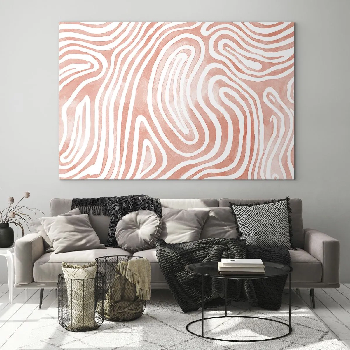 Obraz na skle - Abstraktní vzor v bílých a korálových odstínech - 70x50cm - V korálovém labyrintu - Moderní nástěnná dekorace do obývacího pokoje a ložnice ARTTOR