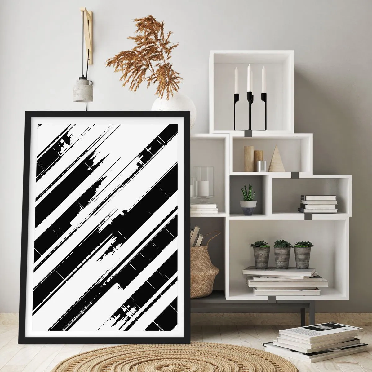 Plakát v černém rámu - Minimalistická černobílá abstrakce s geometrickými liniemi - 50x70cm - Intenzivní a dynamická kompozice - Moderní nástěnná dekorace do obývacího pokoje a ložnice ARTTOR