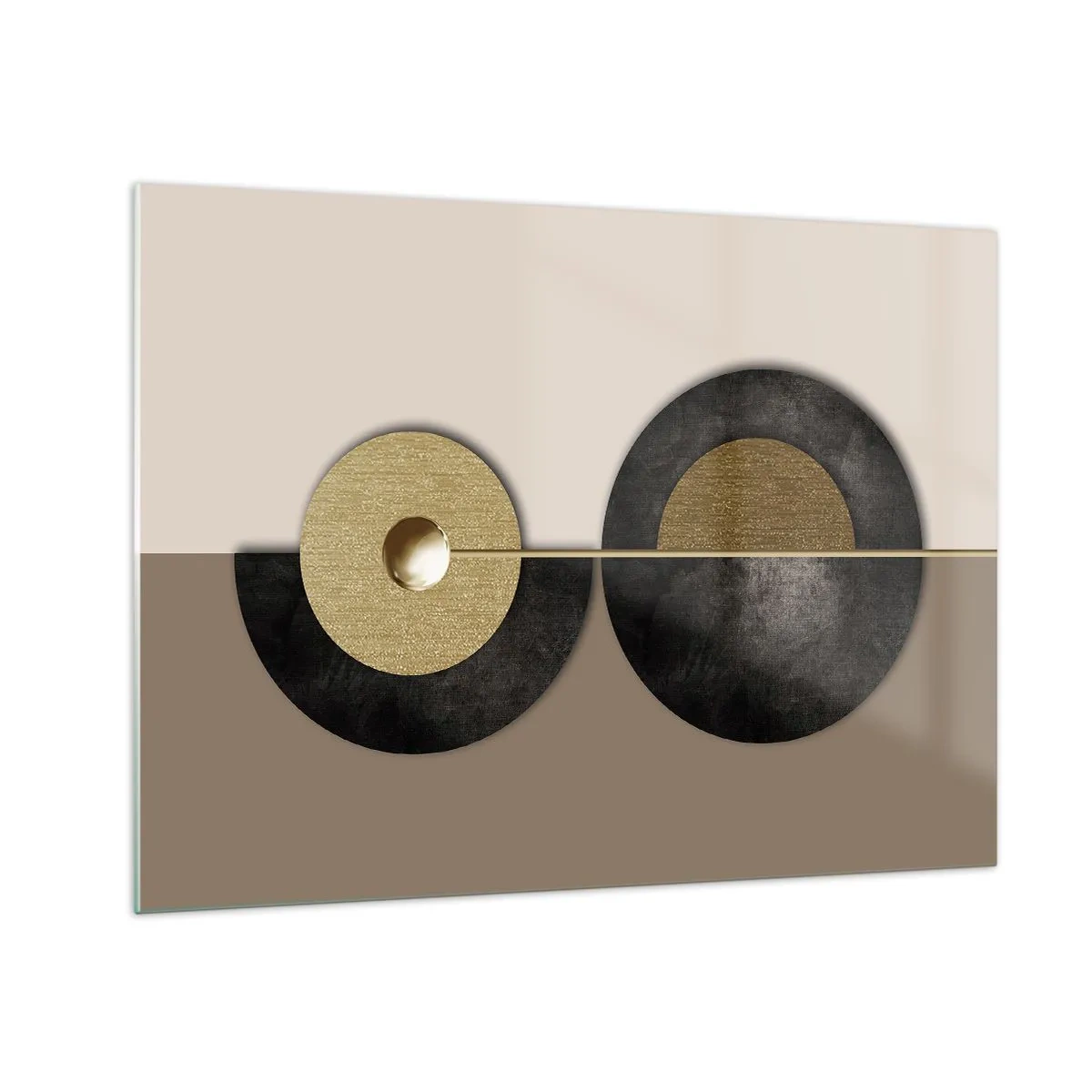 Obraz na skle - Geometrické kruhy ve zlaté a černé barvě na béžovém pozadí - 70x50cm - Variace kolem kruhu - Moderní nástěnná dekorace do obývacího pokoje a ložnice ARTTOR