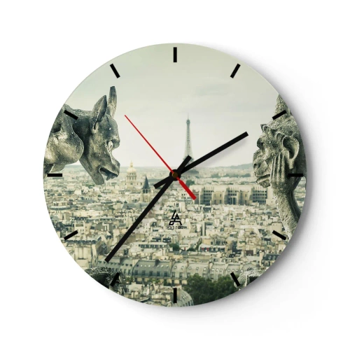 Nástěnné hodiny - Kamenné chrliče nad Paříží s výhledem na Eiffelovu věž - 30x30cm - Pařížské povídání - Moderní nástěnná dekorace do obývacího pokoje, kuchyně a ložnice ARTTOR