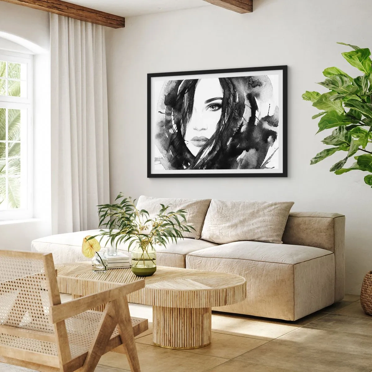 Plakát v černém rámu - Portrét dámy v černé a bílé - 100x70 cm