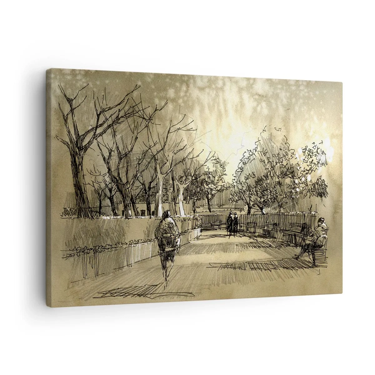 Obraz na plátně - Kreslená scéna z parku s lidmi, kteří jdou, v teplých tónech. - 70x50cm - Pírkem zastavený okamžik - Moderní nástěnná dekorace do obývacího pokoje a ložnice ARTTOR