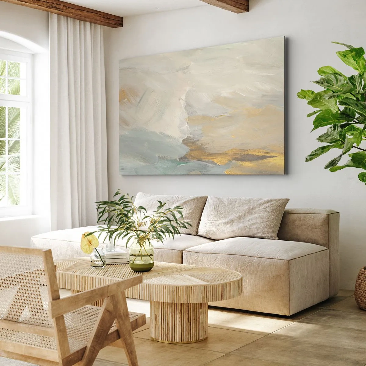 Obraz na plátně - Jemné abstraktní tahy v odstínech bílé a zlaté - 70x50cm - Abstrakce – krajina něhy - Moderní nástěnná dekorace do obývacího pokoje a ložnice ARTTOR