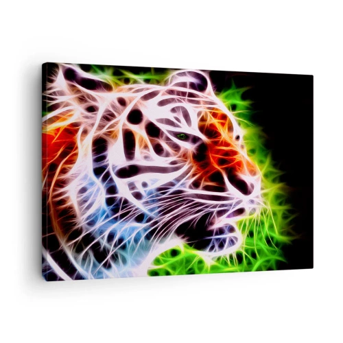 Obraz na plátně - Barevný umělecký portrét tygra v neonovém stylu na černém pozadí. - 70x50cm - Nebezpečná aura - Moderní nástěnná dekorace do obývacího pokoje a ložnice ARTTOR