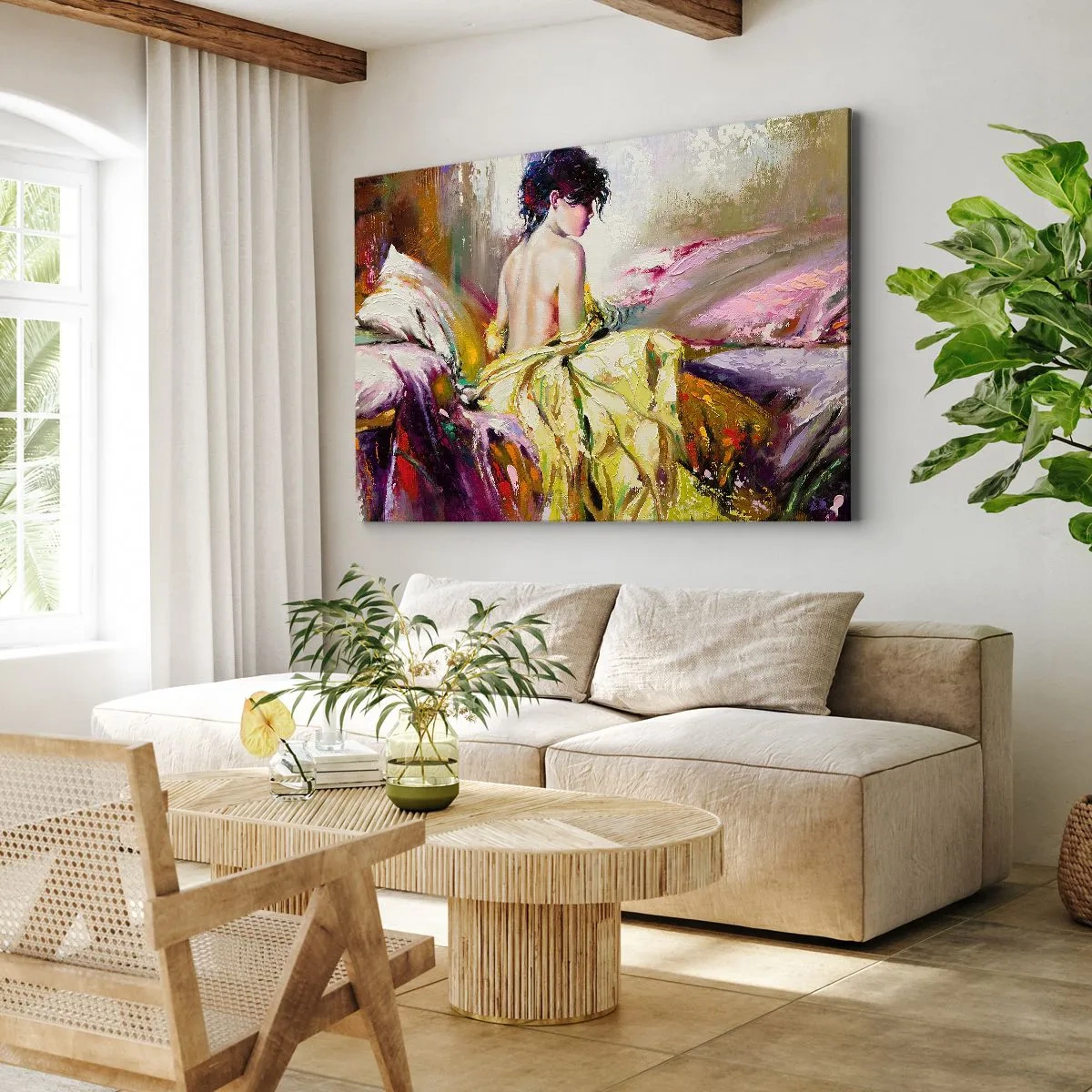 Obraz na plátně - Malířská scéna ženy na posteli v romantické atmosféře - 70x50cm - Mezi ústy a okrajem poháru - Moderní nástěnná dekorace do obývacího pokoje a ložnice ARTTOR