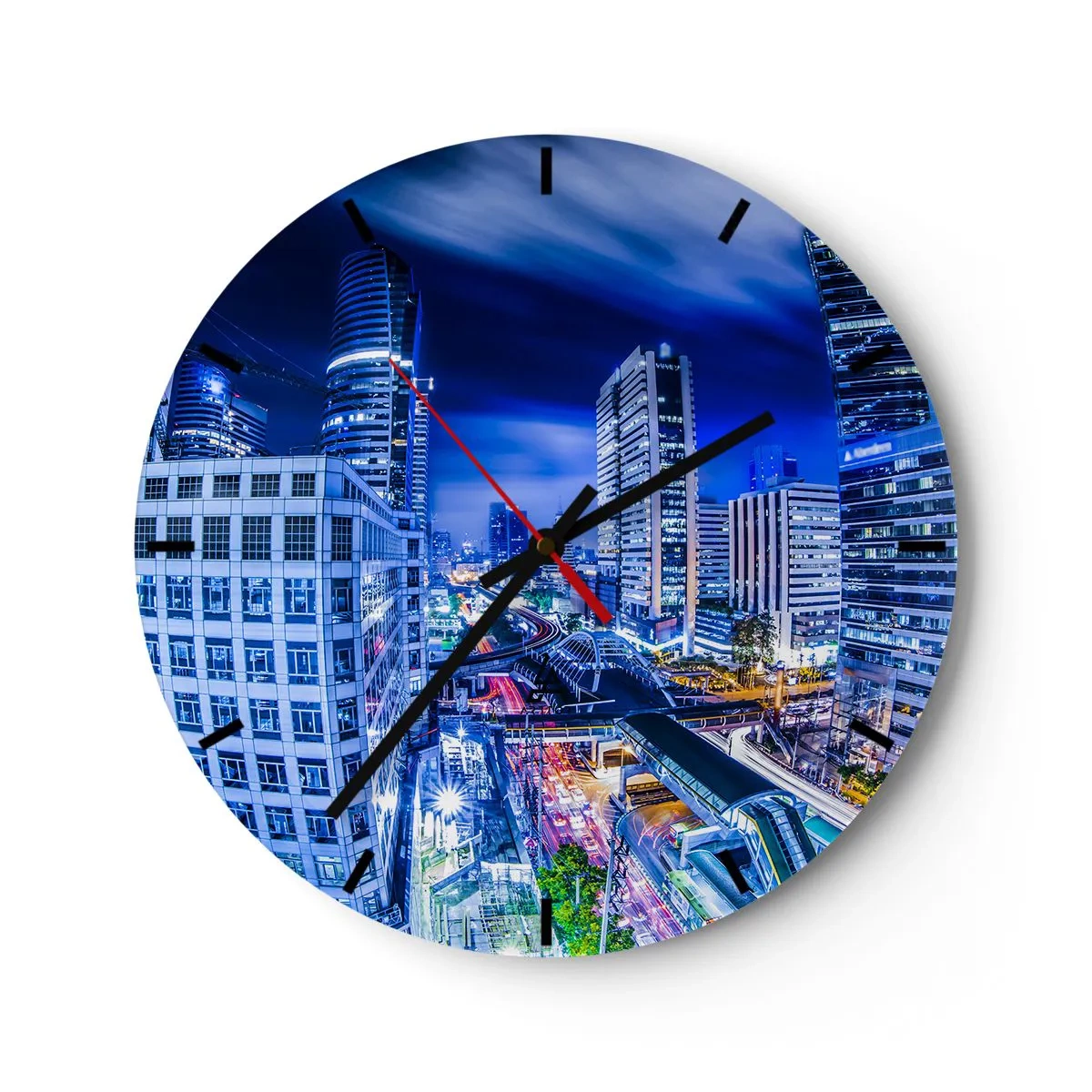 Nástěnné hodiny - Moderní mrakodrapy osvětlené v noci - 30x30cm - Rytmy nočního města - Moderní nástěnná dekorace do obývacího pokoje, kuchyně a ložnice ARTTOR
