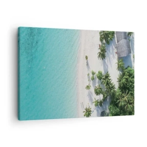 Obraz na plátně - Pohled z ptačí perspektivy na tropickou pláž s tyrkysovou vodou a palmami - 70x50cm - Dovolená v ráji - Moderní nástěnná dekorace do obývacího pokoje a ložnice ARTTOR