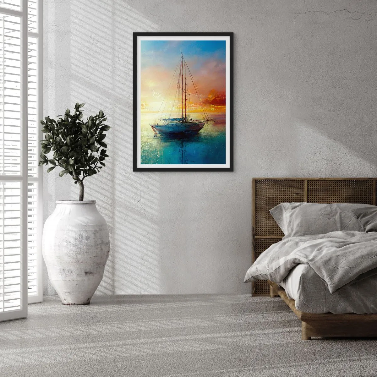 Plakát v černém rámu - Jachta na klidném moři při západu slunce - 50x70cm - Ve zlatém zálivu - Moderní nástěnná dekorace do obývacího pokoje a ložnice ARTTOR