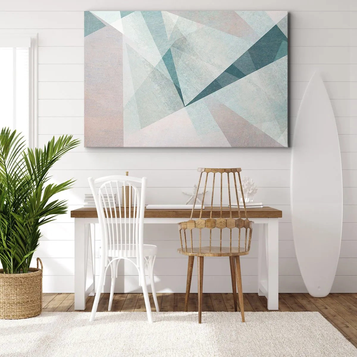 Obraz na plátně - Geometrické tvary v pastelových odstínech modré a šedé - 70x50cm - V klidu, ale dynamicky - Moderní nástěnná dekorace do obývacího pokoje a ložnice ARTTOR