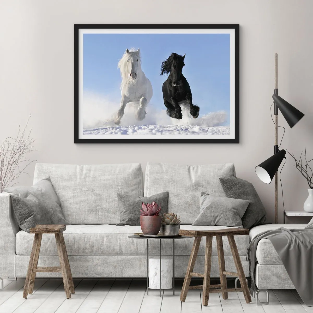Plakát v černém rámu - Černo-bílý cval - 100x70 cm