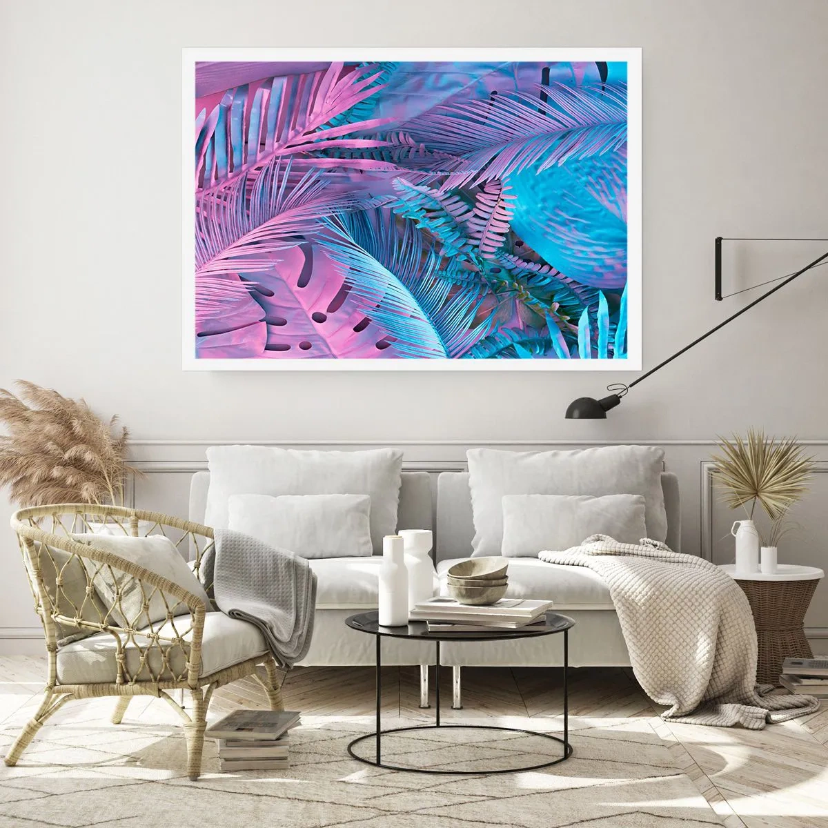 Plakát - Tropy v růžové a modré - 100x70 cm