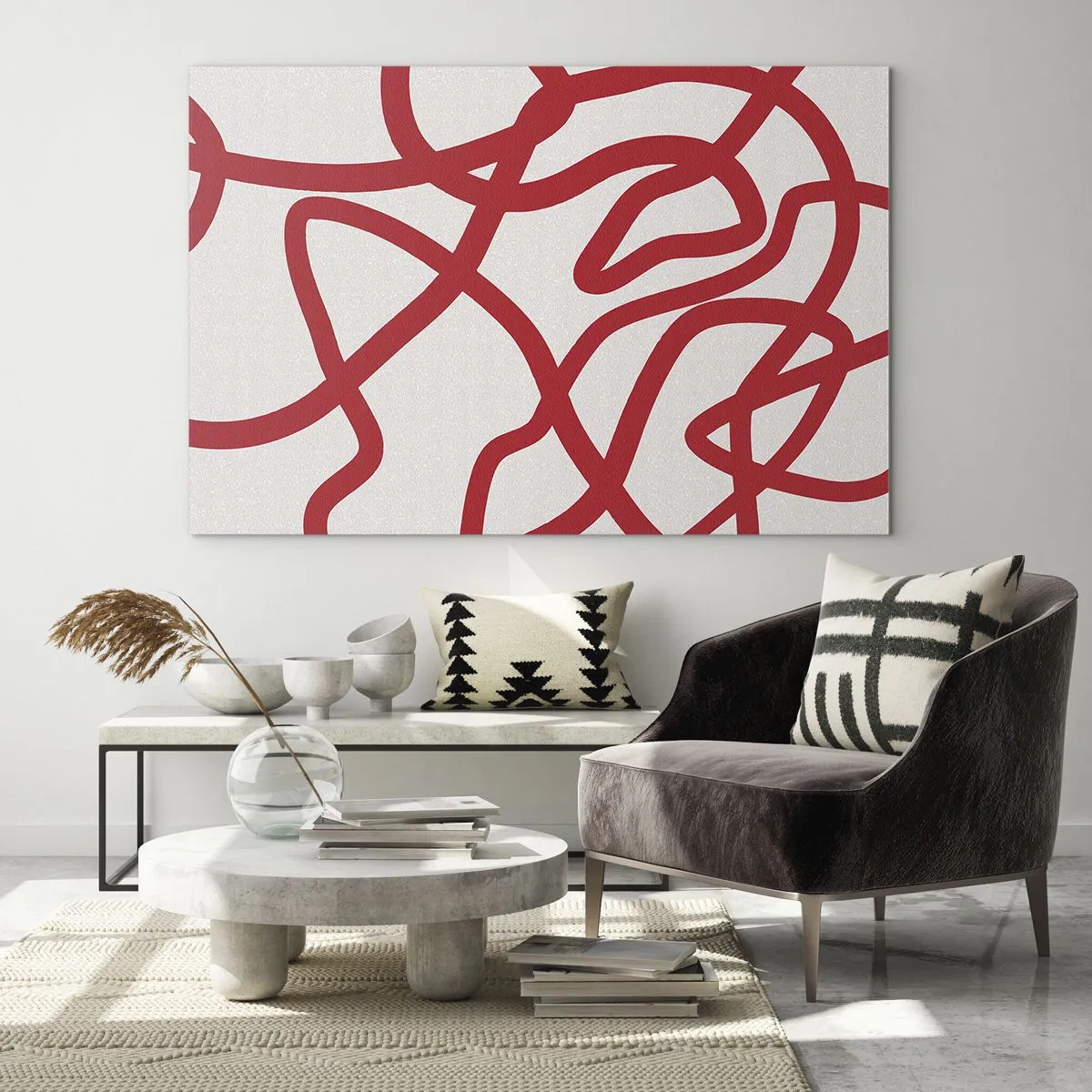 Obraz na skle - Červené čáry dynamicky vířící na bílém pozadí - 70x50cm - Červené na bílém - Moderní nástěnná dekorace do obývacího pokoje a ložnice ARTTOR