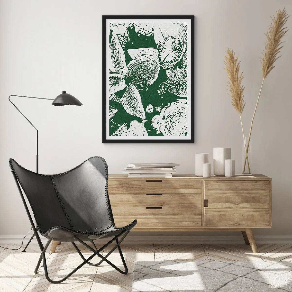 Plakát v černém rámu - Botanická ilustrace květů a listů v kontrastních barvách - 50x70cm - Kytice – svět zeleně - Moderní nástěnná dekorace do obývacího pokoje a ložnice ARTTOR
