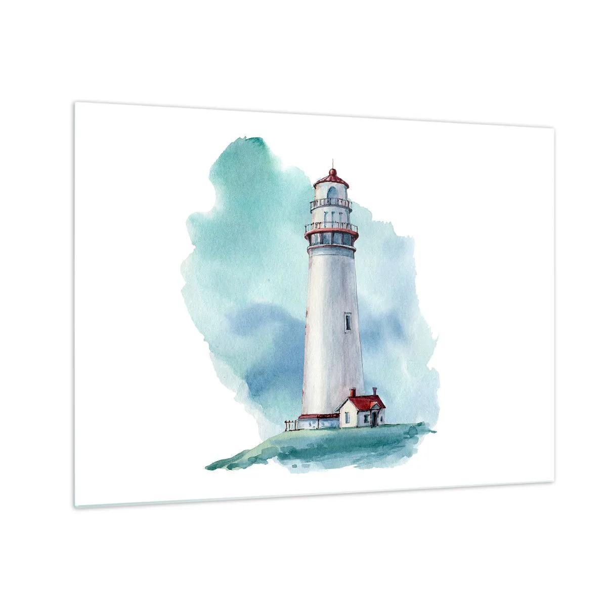 Obraz na skle - Maják proti modré obloze akvarelem - 70x50cm - Něžná sestra blankytu - Moderní nástěnná dekorace do obývacího pokoje a ložnice ARTTOR