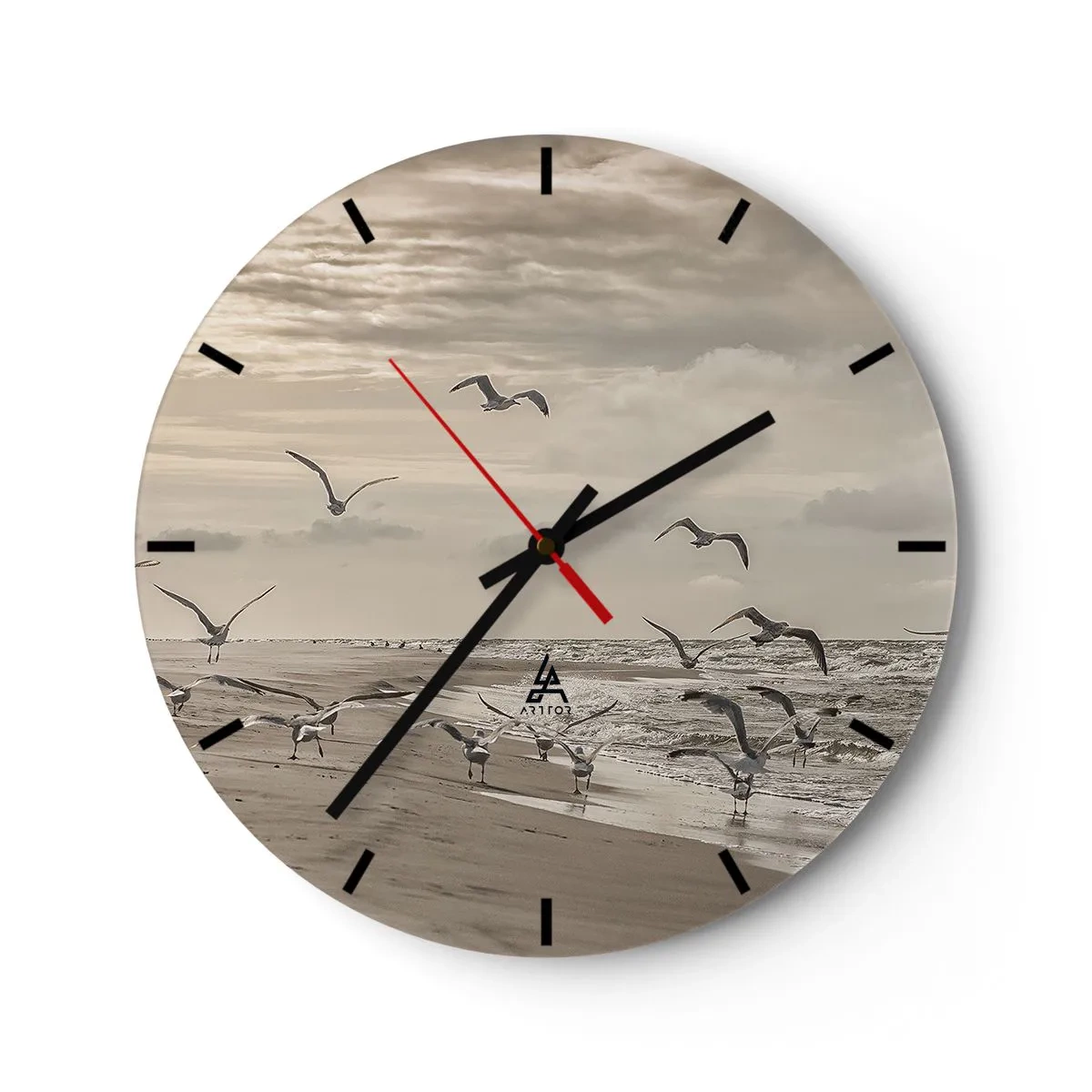 Nástěnné hodiny - Rackové vznášející se nad pobřežím ráno - 30x30cm - Šumění moře, zpěv ptáků - Moderní nástěnná dekorace do obývacího pokoje, kuchyně a ložnice ARTTOR