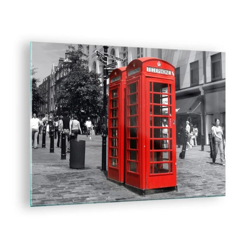 Obraz na skle - Červené telefonní budky na londýnské ulici - 70x50cm - Červené telefonní budky - Moderní nástěnná dekorace do obývacího pokoje a ložnice ARTTOR