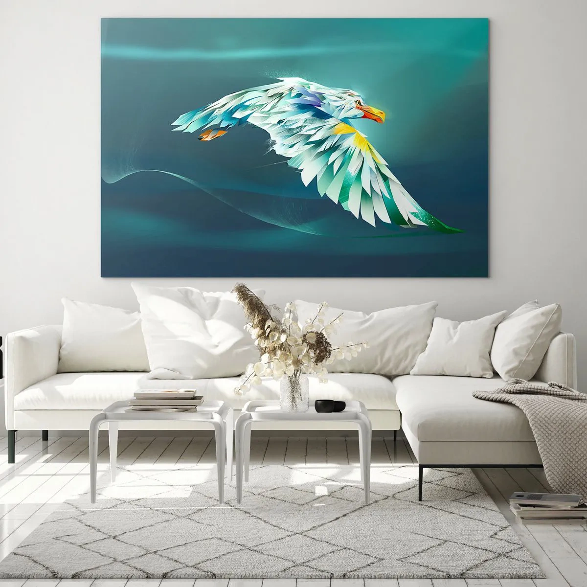 Obraz na skle - Abstraktní obraz orla v odstínech modré a bílé na pozadí vln. - 70x50cm - Orlí síla tvých letů - Moderní nástěnná dekorace do obývacího pokoje a ložnice ARTTOR