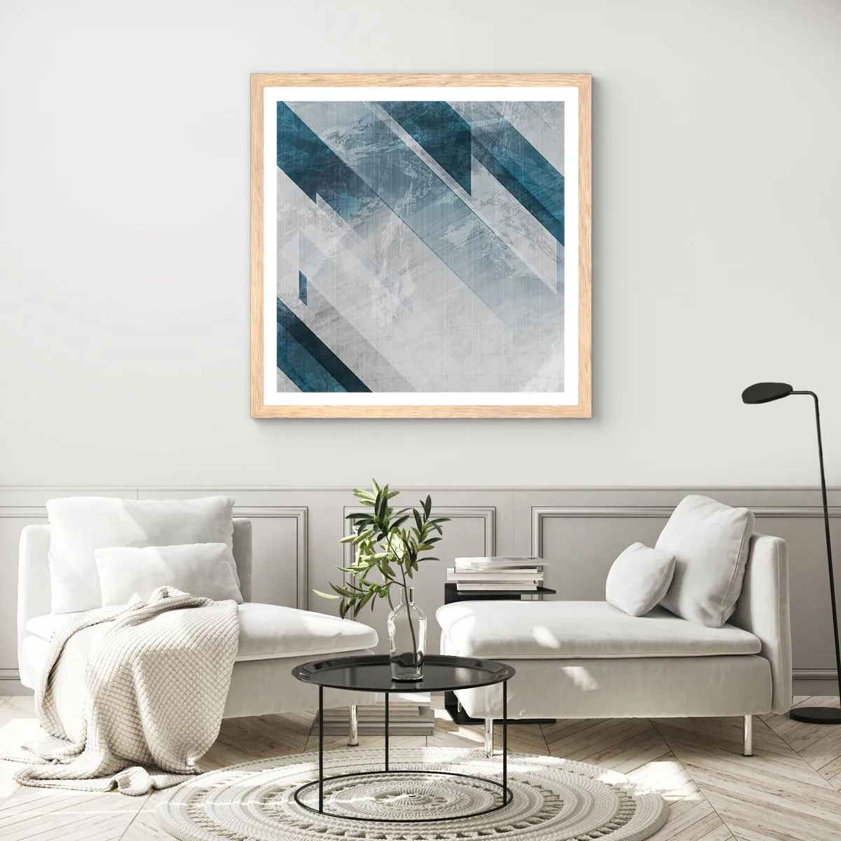 Plakát v rámu světlý dub - Prostorová kompozice – pohyb šedé - 60x60 cm