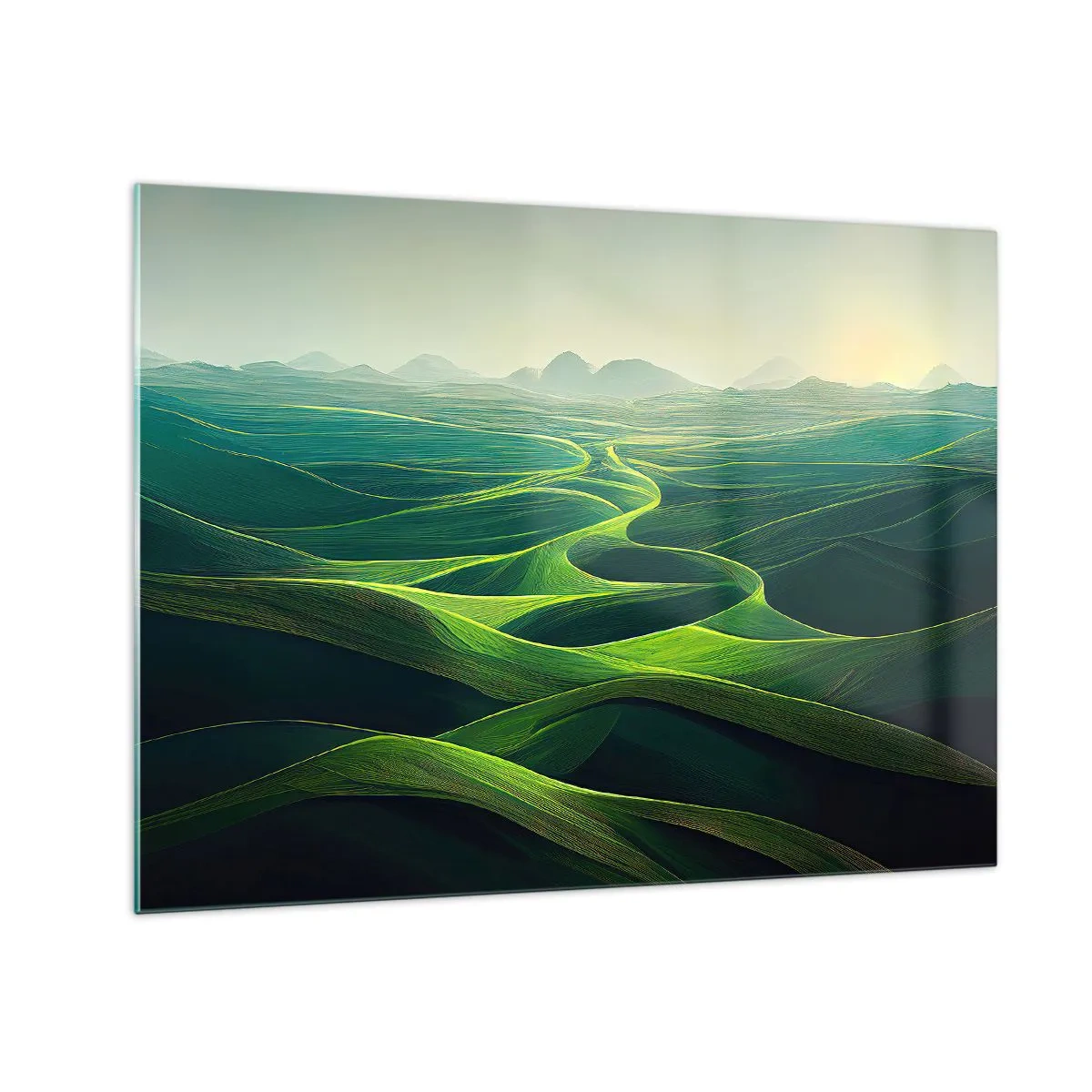Obraz na skle - Zelené kopce a údolí osvětlené slunečními paprsky - 70x50cm - V zelených údolích - Moderní nástěnná dekorace do obývacího pokoje a ložnice ARTTOR