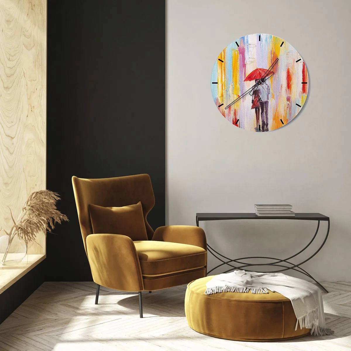 Nástěnné hodiny - Postava s červeným deštníkem na pozadí barevného města - 30x30cm - Ať prší dál - Moderní nástěnná dekorace do obývacího pokoje, kuchyně a ložnice ARTTOR